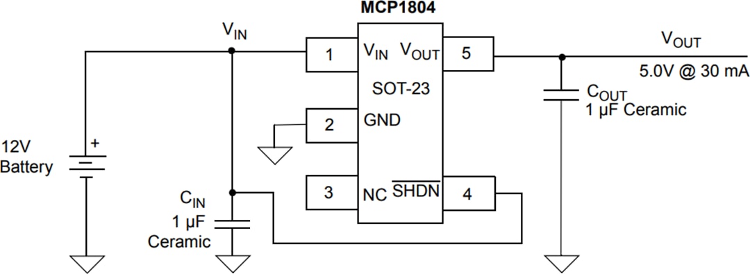 Application Circuit Diagram - Microchip Technology MCP1804 CMOS Low Dropout (LDO) Voltage Regulators