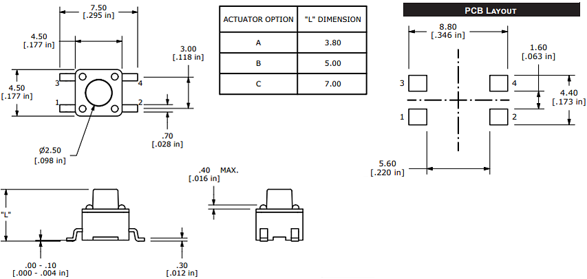 Mechanical Drawing - E-Switch TL3305 Tactile Switches