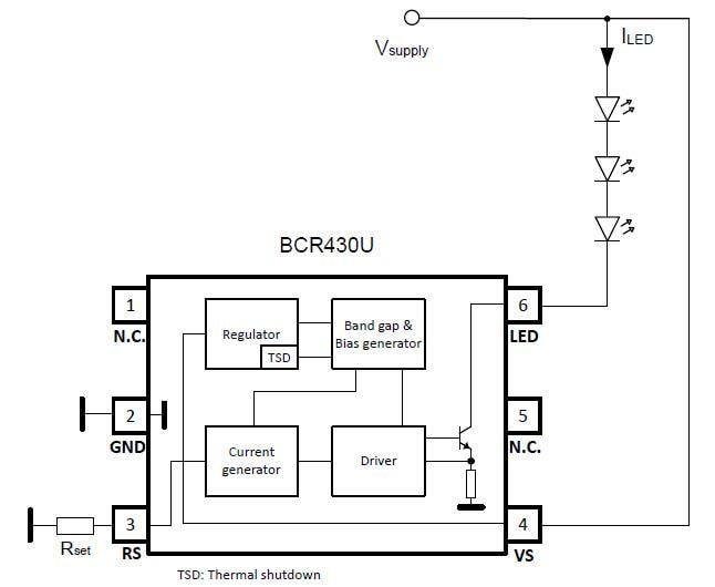 Diagrama de bloques - Infineon Technologies CI de controlador LED de baja caída de voltaje BCR430U