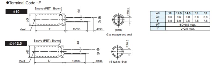 Mechanical Drawing - Chemi-Con KXL Ultra-Mini Aluminum Electrolytic Capacitors
