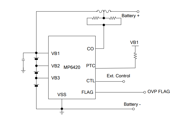 Application Circuit Diagram - Monolithic Power Systems (MPS) MP6420 Battery Protection IC
