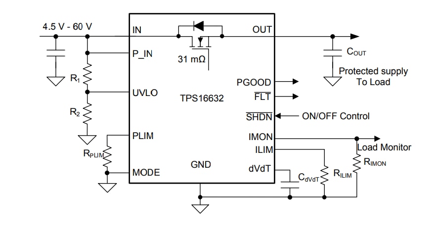 Schematic - Texas Instruments TPS1663x 60V, 6A Power Limiting eFuses