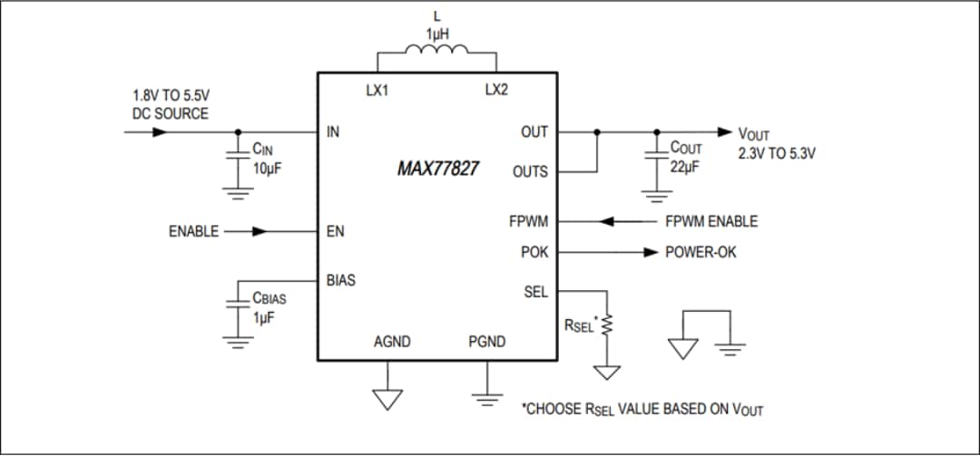Application Circuit Diagram - Analog Devices / Maxim Integrated MAX77827 Switch Buck-Boost Converter