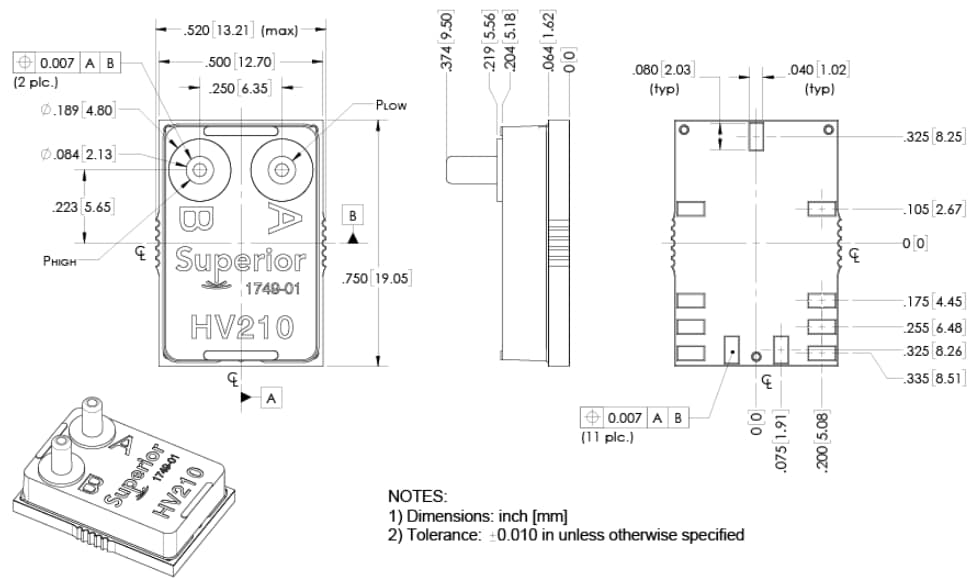 Mechanical Drawing - Superior Sensor Technology HV210 Differential Low Pressure Sensors
