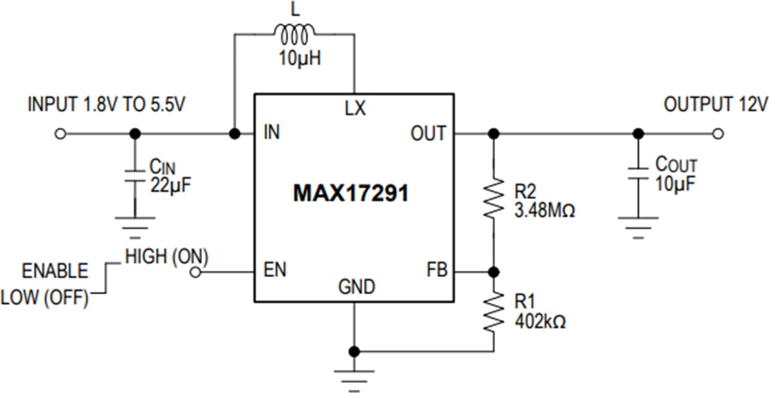 Application Circuit Diagram - Analog Devices Inc. MAX17291A Micropower Boost Converter