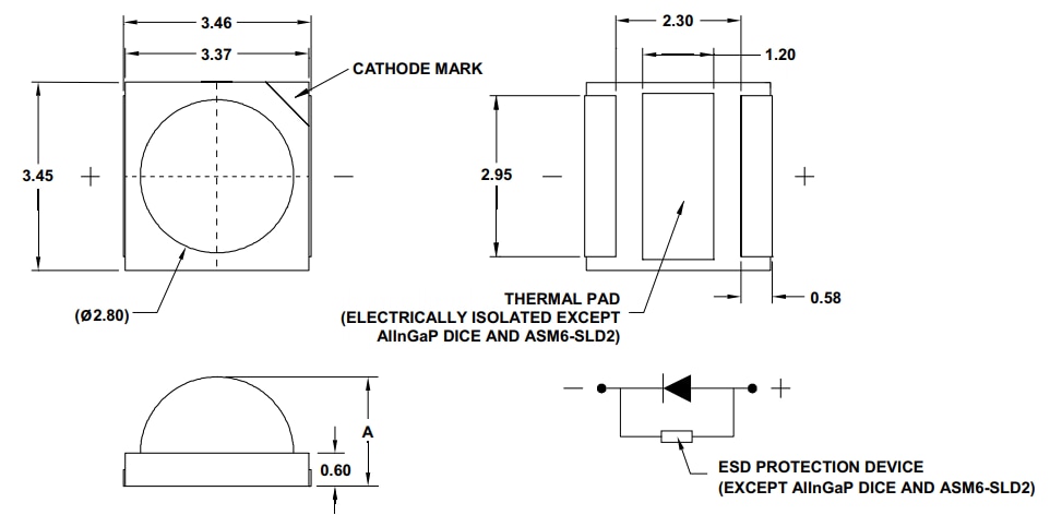 Mechanical Drawing - Broadcom ASM6-Sxx-xxH Surface Mount LEDs