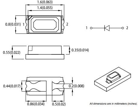 Mechanical Drawing - Kingbright AA1608 Surface Mount LEDs