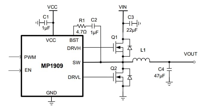 Application Circuit Diagram - Monolithic Power Systems (MPS) MP1909 Half-Bridge Gate Drivers