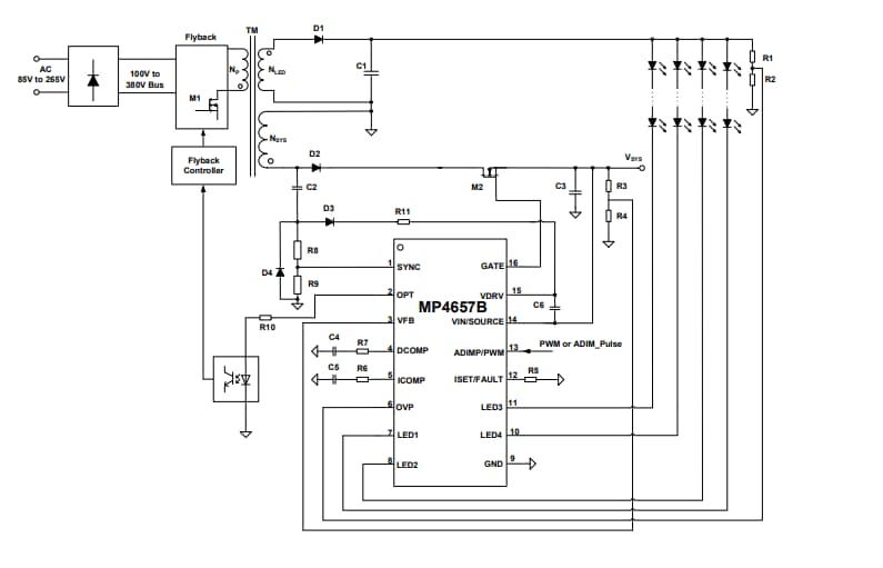 Application Circuit Diagram - Monolithic Power Systems (MPS) MP4657B LED Driver & System Voltage Controllers
