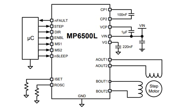 Application Circuit Diagram - Monolithic Power Systems (MPS) MP6500L 35V, 2.5A Stepper Motor Driver