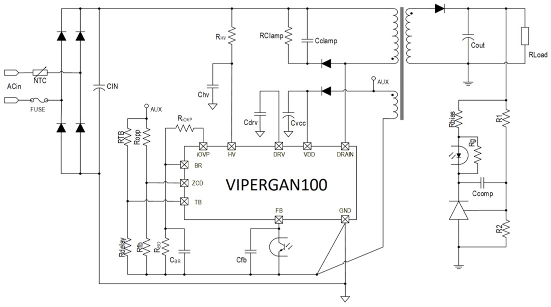 Application Circuit Diagram - STMicroelectronics VIPerGaN100 Offline High Voltage Converters
