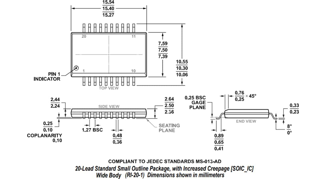 Mechanical Drawing - Analog Devices Inc. ADuM4165 & ADuM4166 USB 2.0 Port Isolators