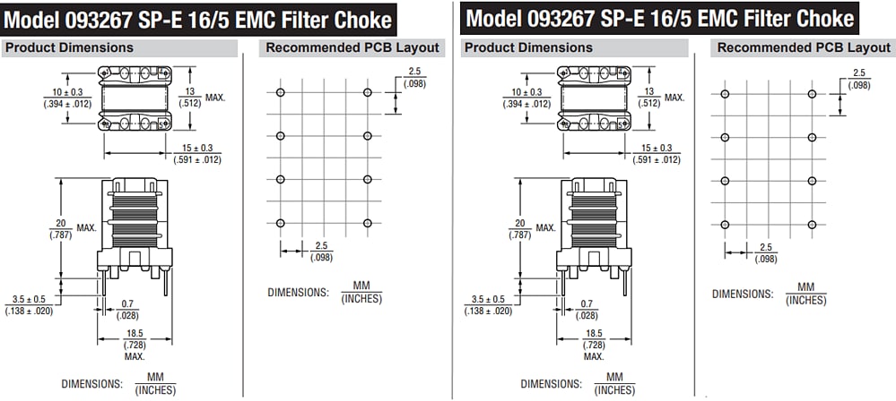 Mechanical Drawing - Bourns 071923 & 093267 EMC Filter Chokes