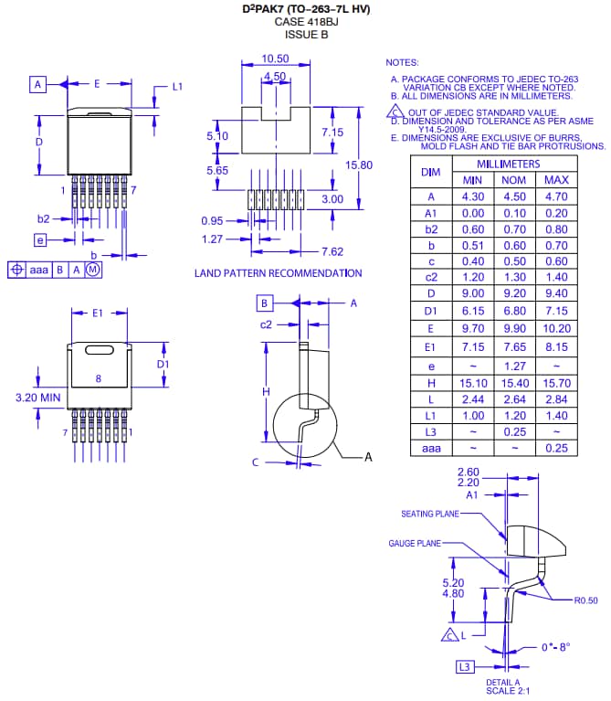 Mechanical Drawing - onsemi NVBG030N120M3S Silicon Carbide (SiC) MOSFET