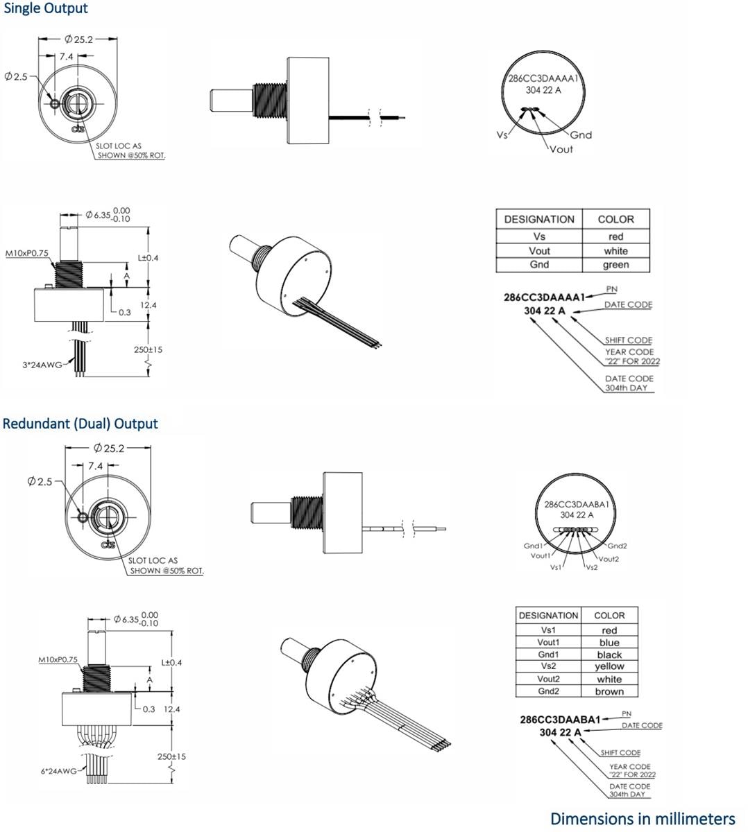 Mechanical Drawing - CTS Electronic Components Series 286 Hall-Effect Position Sensors
