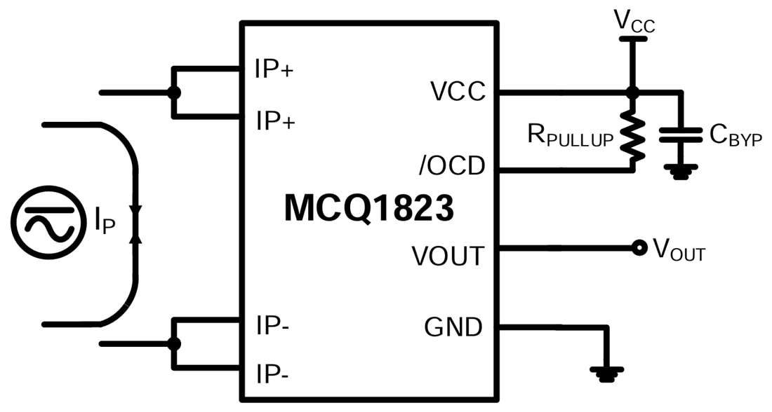 Application Circuit Diagram - Monolithic Power Systems (MPS) MCQ1823 Linear Hall-Effect Current Sensor