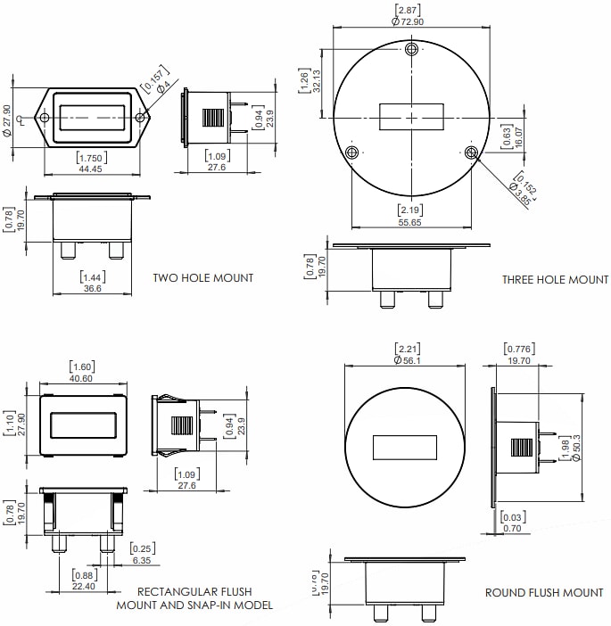 Mechanical Drawing - Trumeter 3410 Series Electronic LCD Hour Meters