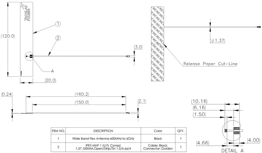 Mechanical Drawing - Taoglas FXUB53.07.0150C Wide-Band Flex Antenna