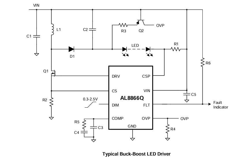Application Circuit Diagram - Diodes Incorporated AL8866Q Buck-Boost, Boost, Buck & SEPIC Converter
