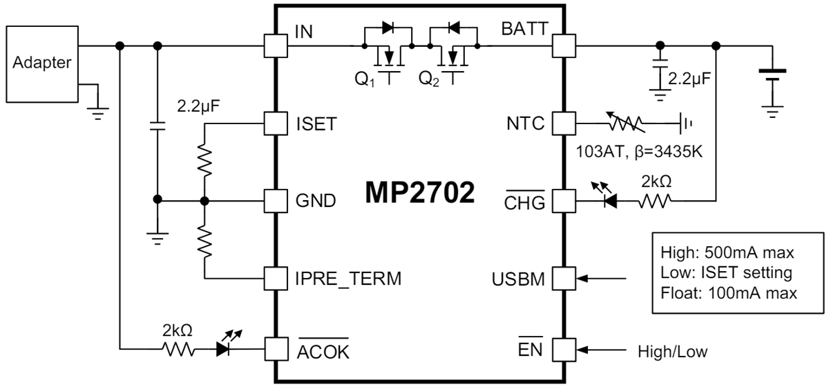 Application Circuit Diagram - Monolithic Power Systems (MPS) MP2702 1A Linear Chargers