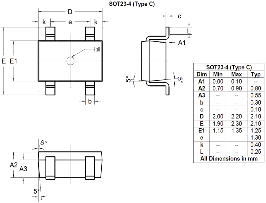Mechanical Drawing - Diodes Incorporated AHE108 InSb Hall Elements