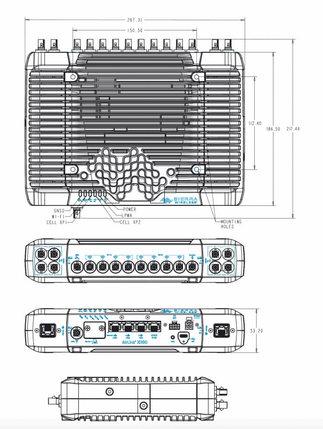 Mechanical Drawing - Sierra Wireless / Semtech AirLink® XR90 Multi-Network 5G/Wi-Fi® 6 Routers