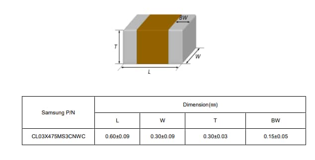 Mechanical Drawing - Samsung Electro-Mechanics CL03X475MS3CNWC X6S High-Capacitance MLCCs