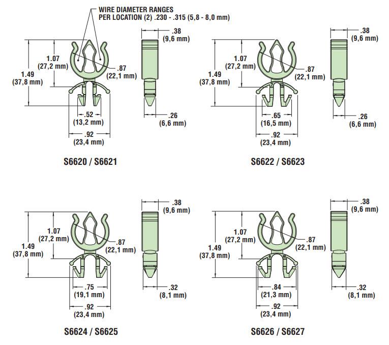 Mechanical Drawing - Heyco Helios® Bi-Directional, Oval-Hole Mount Clips