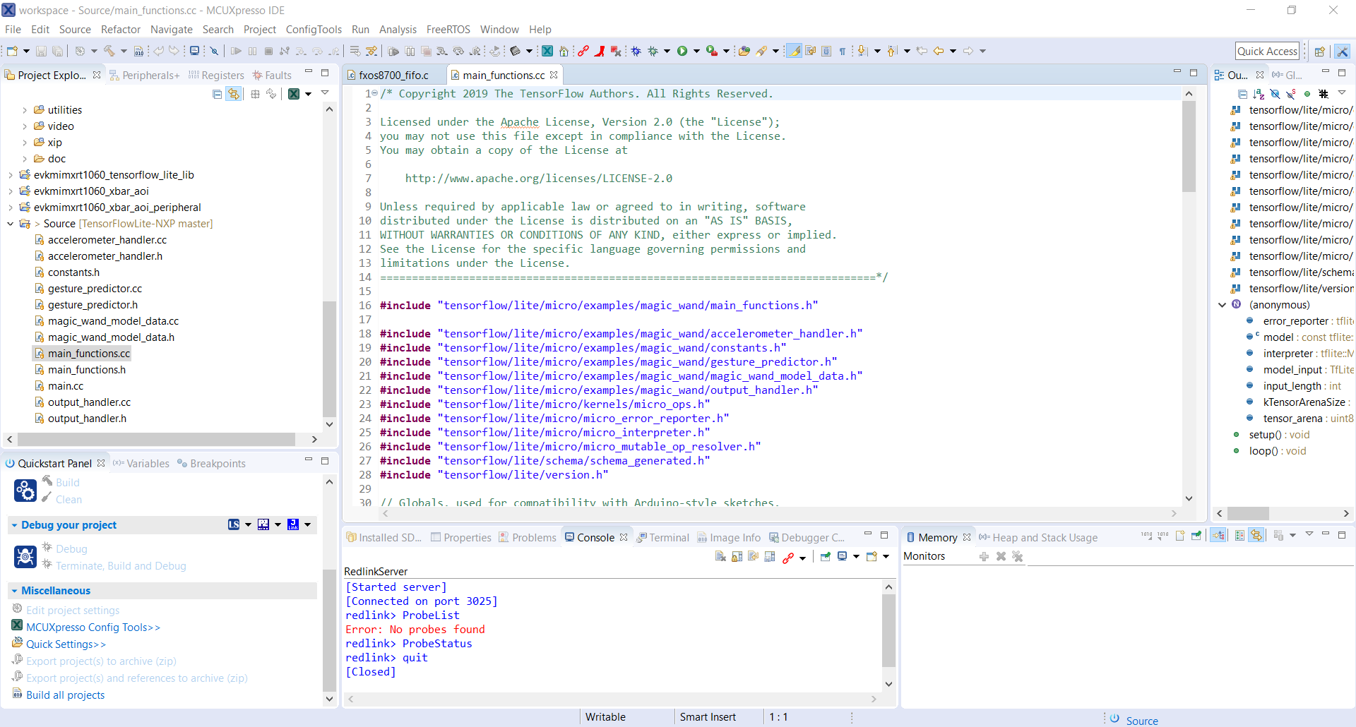 Layout of the MCUXpresso IDE in edit mode.