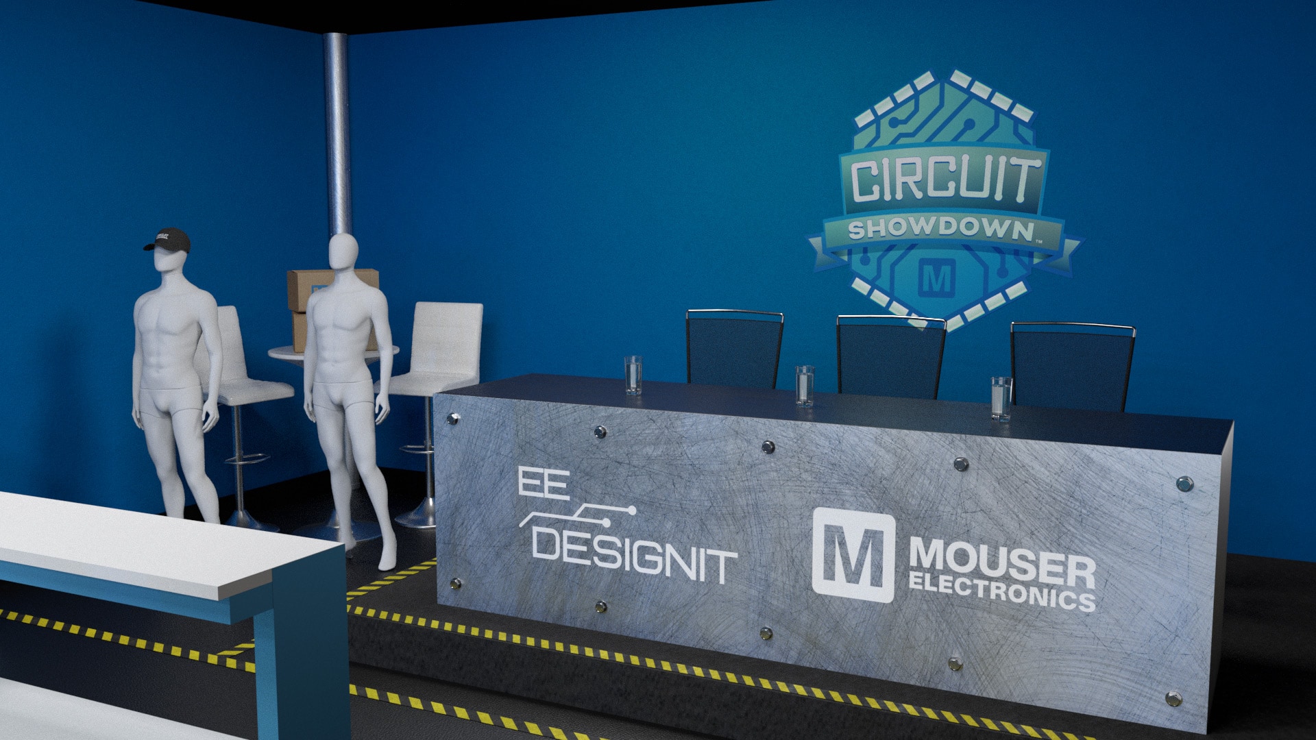 3D model of Circuit Showdown series judging table with Mouser logo and EEDesignIt decals